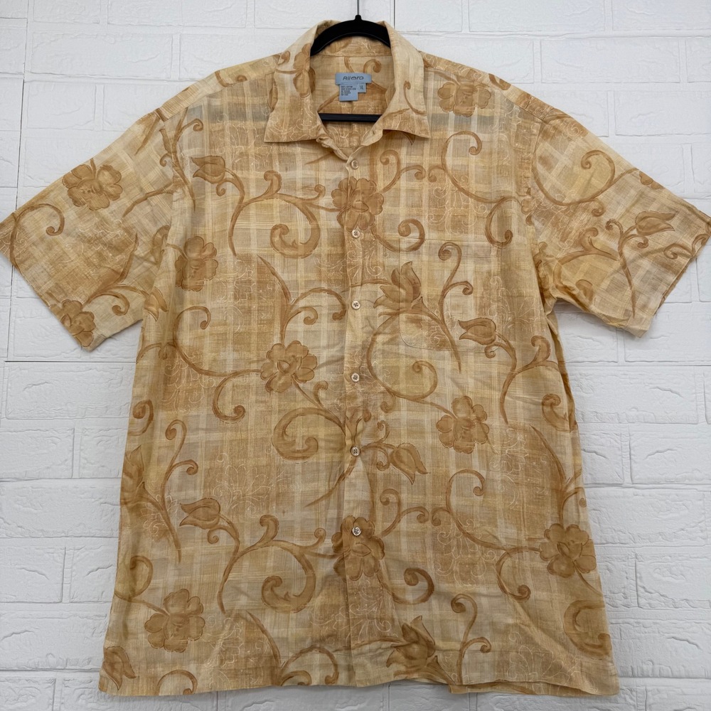 ALLORA Short Sleeve Floral Button Up Shirt Mens XL Beige Tan Cotton Aloha Resort